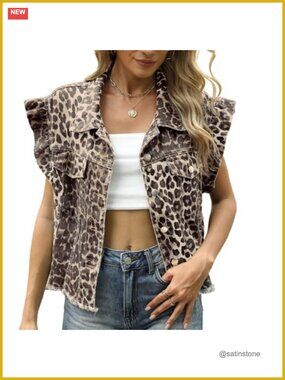 Women's Denim Vest Ruffle Sleeve Button Down Jean Crop Top Casual Summer